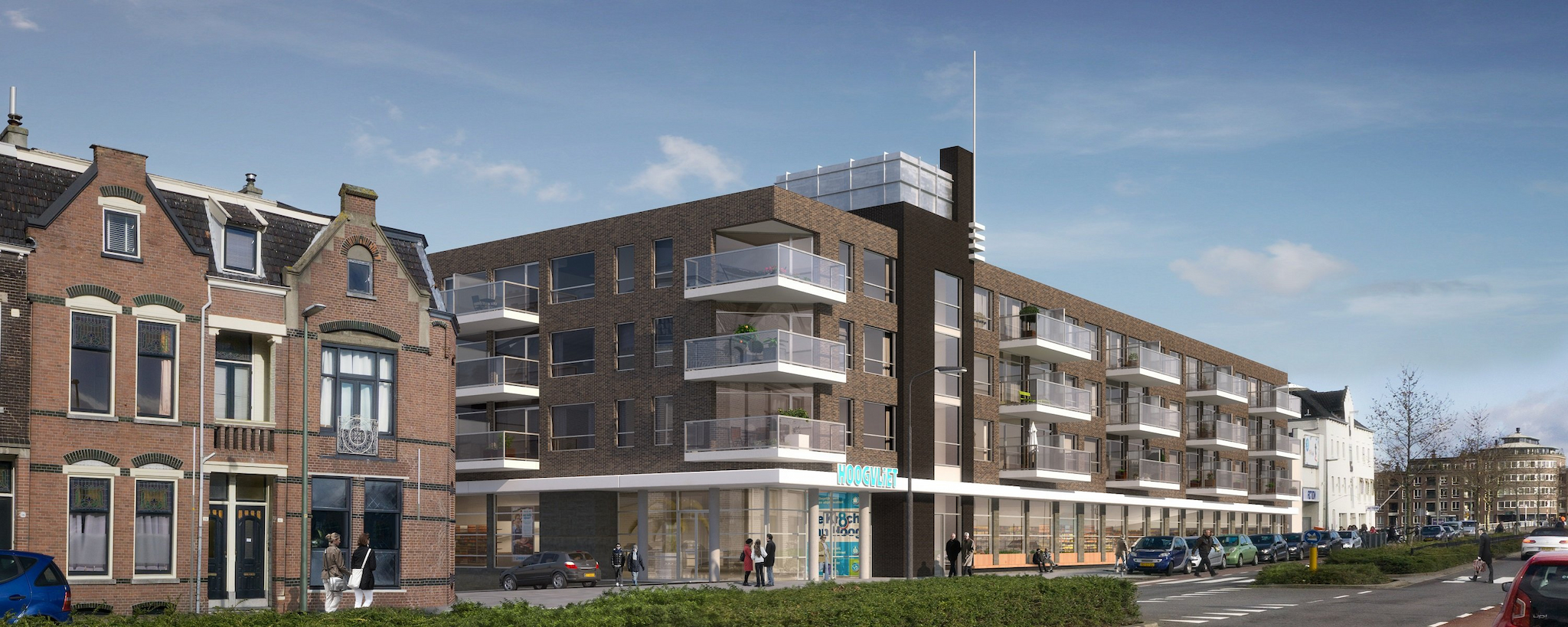 Artist impression van de te realiseren woningen en een supermarkt Hoogvliet in Vlaardingen